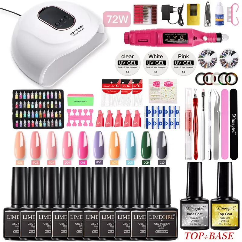 

72/54W Lamp For Nail 16/10 colors UV Gel Nail Polish Kit Manicure Machine Art Tools Set Top Base Varnish Semi Permanant Uv Lamp