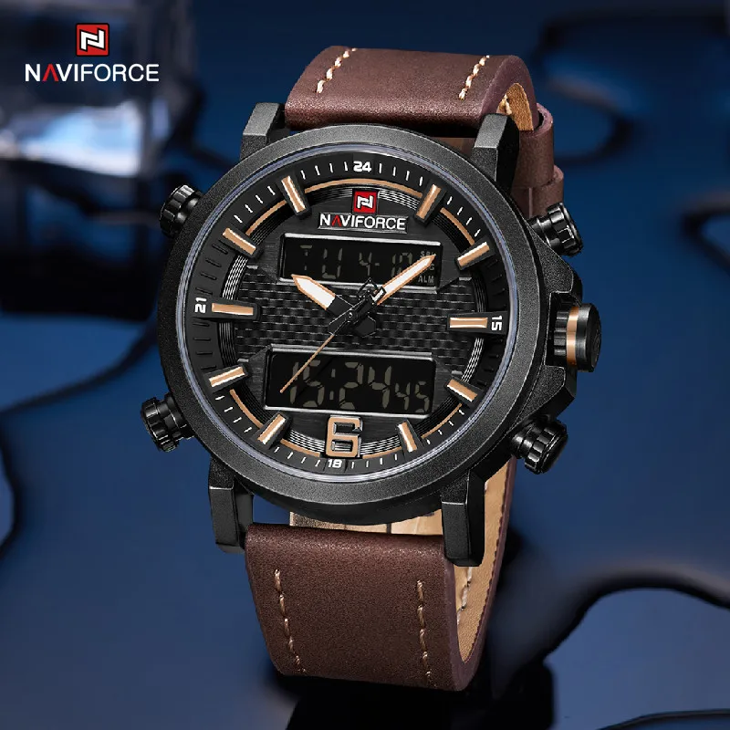 

Часы наручные NAVIFORCE мужские с двойным дисплеем, Цифровые кварцевые спортивные водонепроницаемые с кожаным ремешком, в стиле милитари