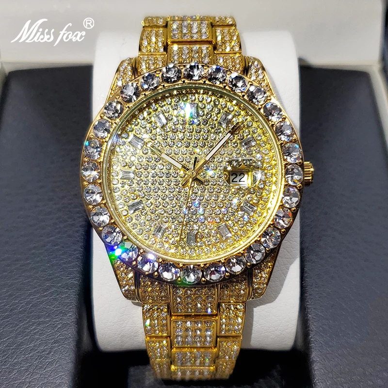 

MISSFOX Men's Watches 18K Gold Full Diamond Luxury Quartz Watch For Man Waterproof Hip Hop Wristwatch Party Jewelly Dropshipping