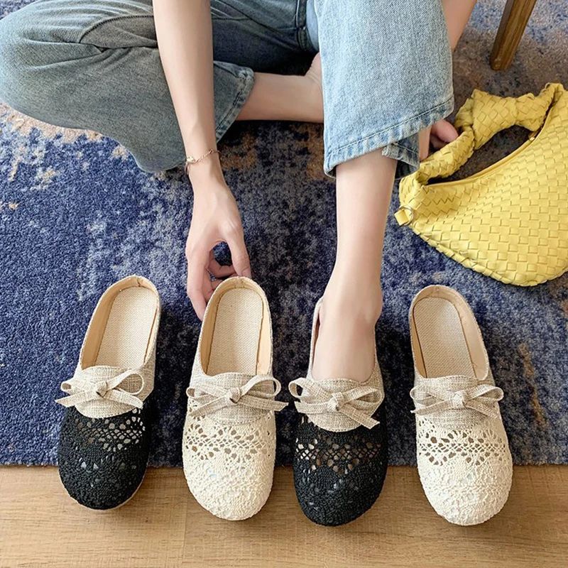 

Low Slippers Women Summer Female Mule Shoes Slides Loafers Cover Toe Fashion Pantofle Mules Luxury Soft 2023 Flat Fabric Rubber