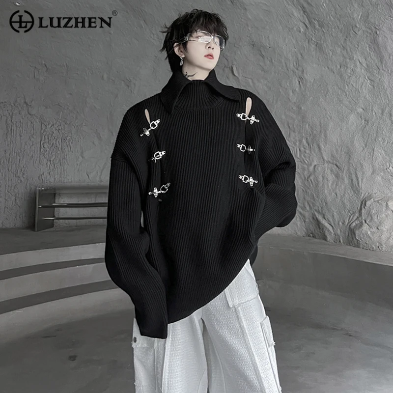 

LUZHEN мужской воротник поло цветной зимний металлический Однотонный свитер Пряжка нишевой дизайн отверстия свободные толстые пуловеры Топы Осень Новый 693b57