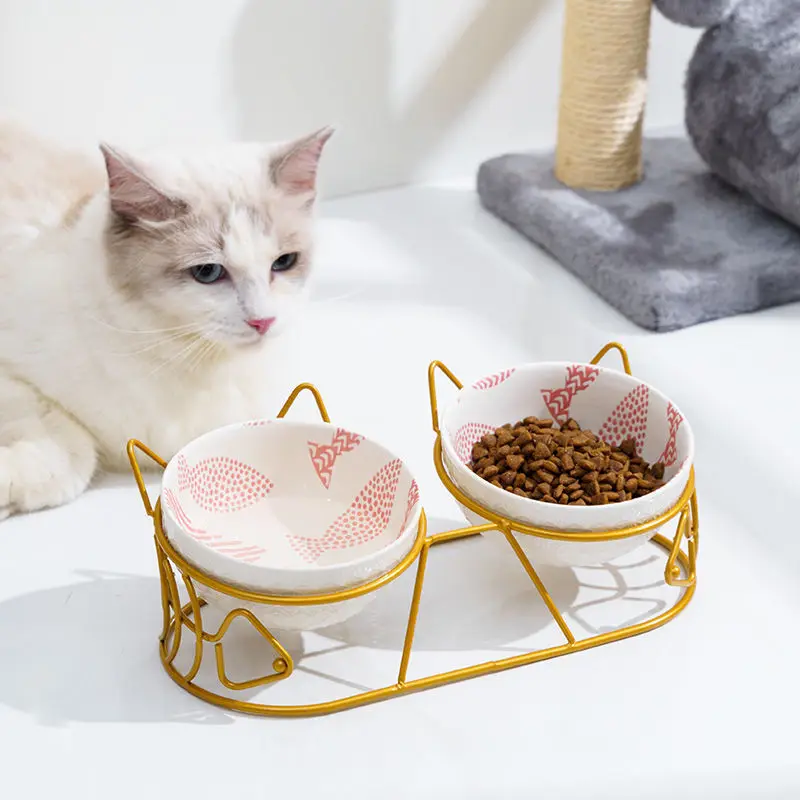 

Ceramic Tilt Heightened Cat and Dog Bowl with Golden Cat Ears Diagonal Rack Integrated Double Bowl Water Bowl Fixed Pet Bowl