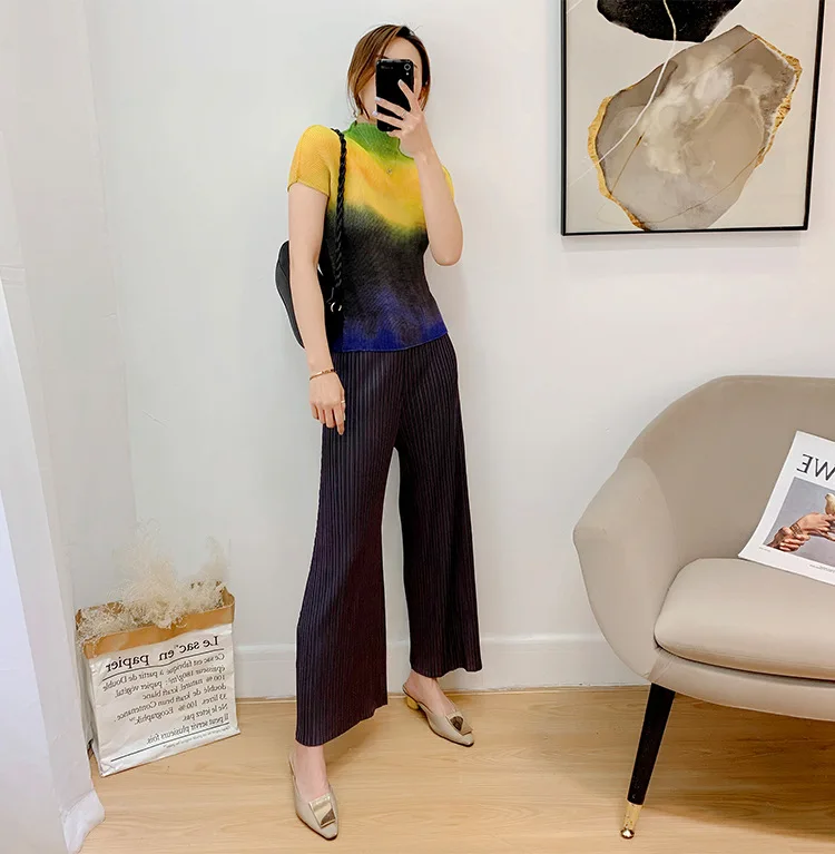 

Gradient Yellow Short-sleeved Miyake Pleated Print T-shirt 2022 Summer Half Turtleneck Top Women's Pleated Shirt
