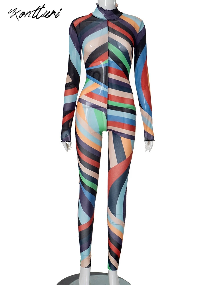 Kontturi осенний сексуальный сетчатый комбинезон с принтом для женщин 2024 прозрачный