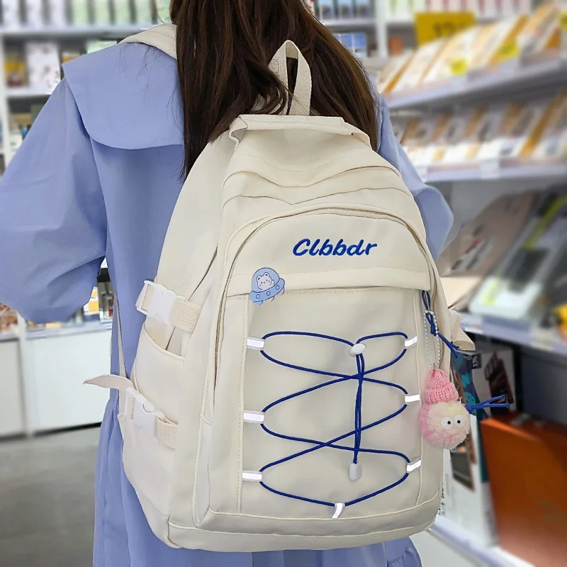 

Trendy Ladies White Cross Rope Laptop Book Backpack Fashion Women Cute School Bag Kawaii Female College Backpack Girl Travel Bag