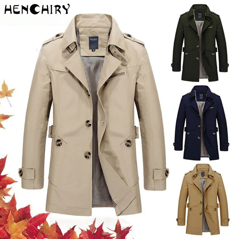 

Men's Long Windbreaker HENCHIRY Spring and Autumn New Business Casual Windbreaker Fashion Washed Cotton Large Size Windbreaker