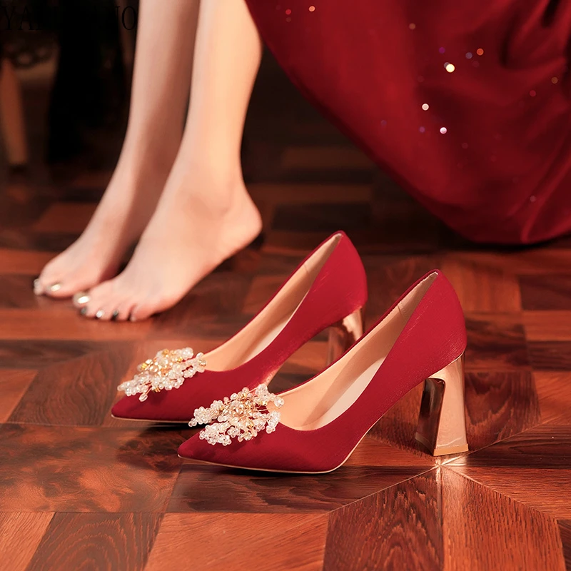 

Elegant Crystal Flower Decor Girl Wedding Prom Shoes Luxury Style Silk Satin Ladies Pumps Fashion Chunky Heel High Heels 6cm/8cm