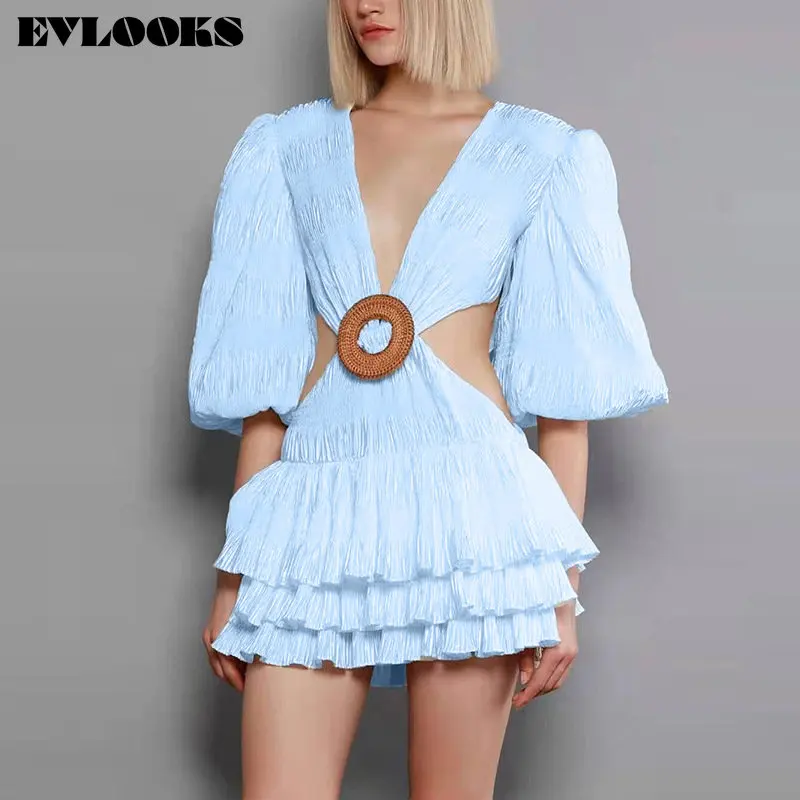 

Женское ажурное мини-платье evlook с оборками, плиссированное элегантное свободное платье с V-образным вырезом и пышными рукавами, весна-лето ...