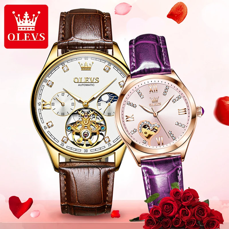 OLEVS 2022 New Couple Watches Luxury Diamond Mens Gold Plated Case Tourbillon Watch Trend Couple Watch Steampunk Reloj Hombre