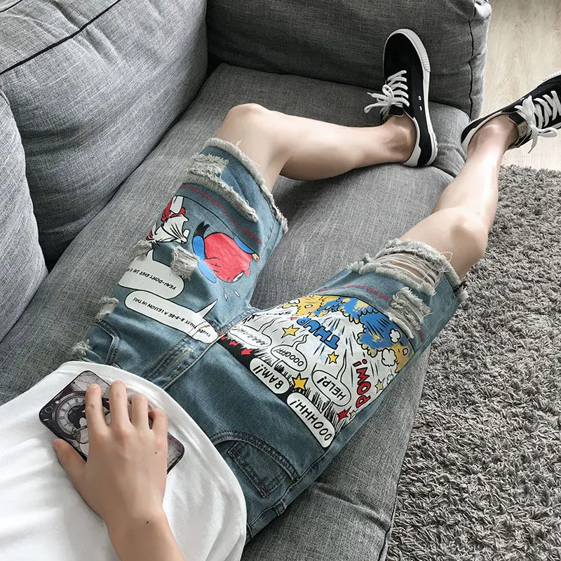New Arrival Hot Sale Fashion Mens Jeans Print Light Jean Shorts Men Ulzzang Summer Pattern Length Zipper Fly Stonewashed