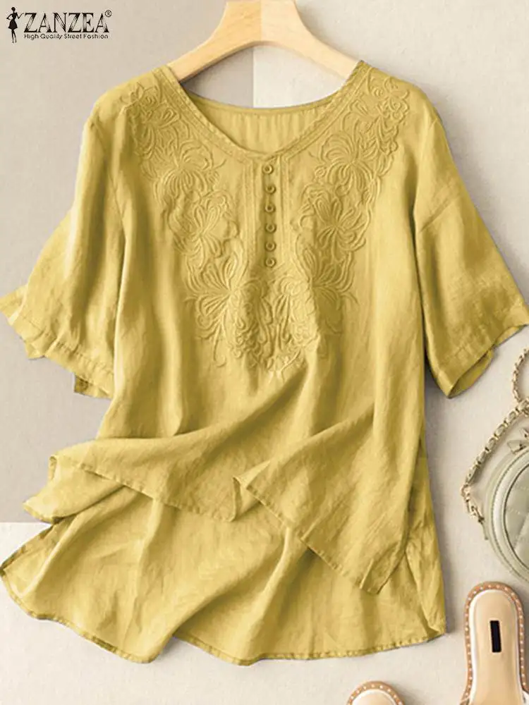 

ZANZEA Summer Floral Embroidery Blouse Women Vintage V Neck Short Sleeve Tops Oversize Solid Loose Shirt Casual Cotton Blusas