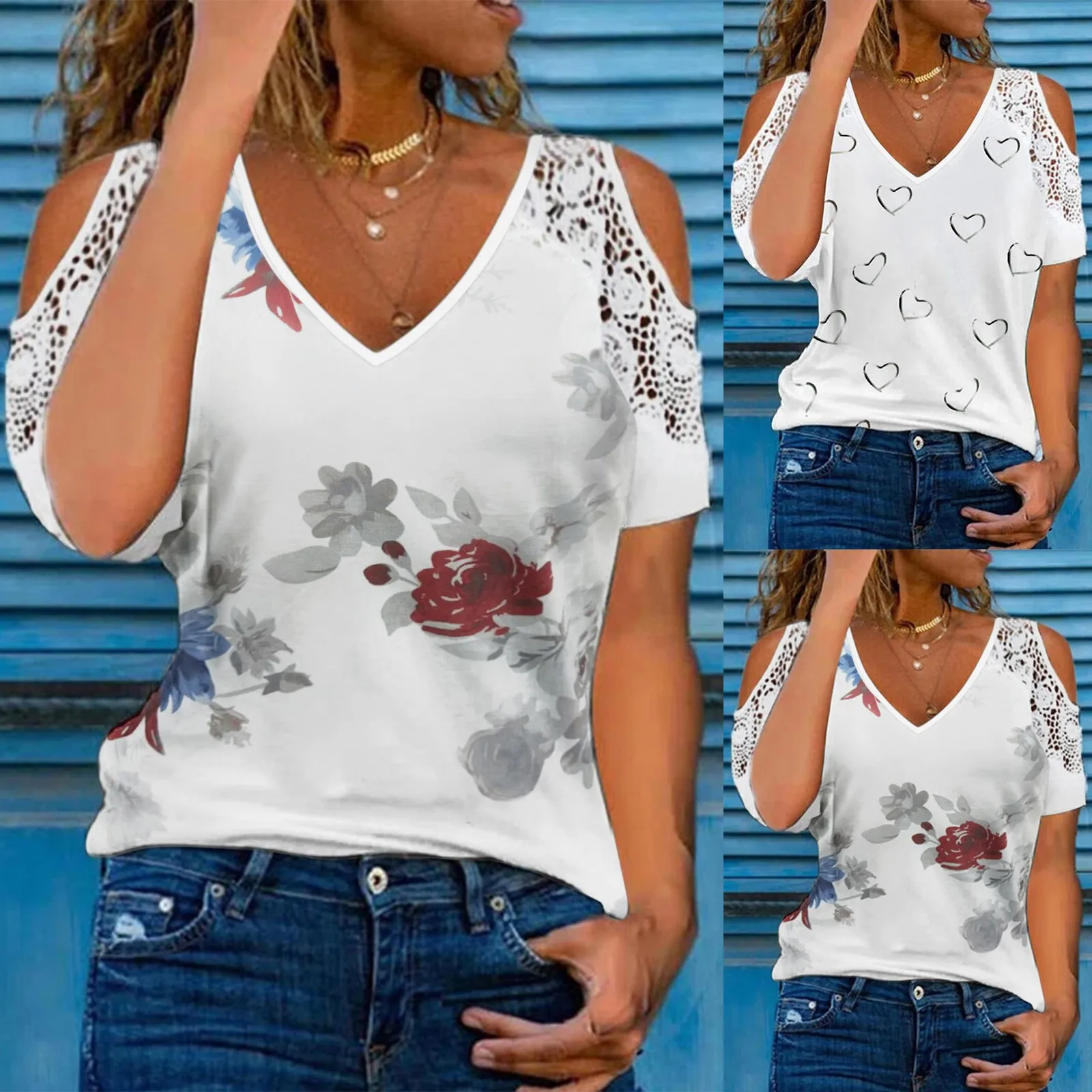 

Женская Кружевная футболка с V-образным вырезом и цветочным принтом
