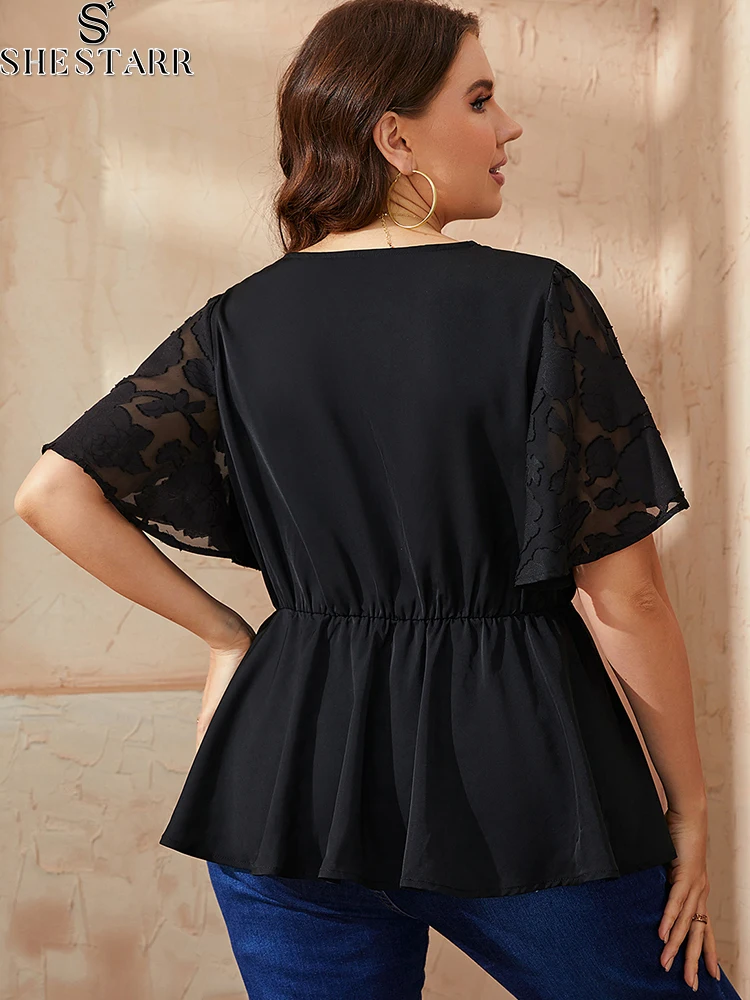 Mesh Patchwork Summer Blouse for Women 2022 V-neck Short Sleeve Nipped Waist Woman Curvy Tunic Ladies Tops Plus Size Woman Cloth