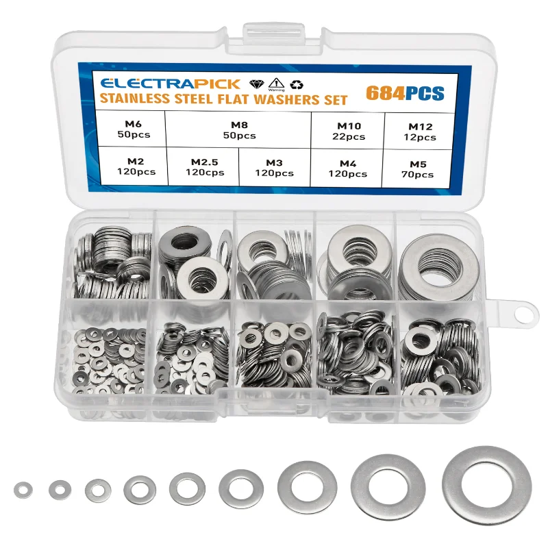 

684pcs Stainless Steel Flat Washers Round Repair Washer Assortment Flat and Lock Gasket Kit 9 Sizes M2—M12 Fasteners Tool