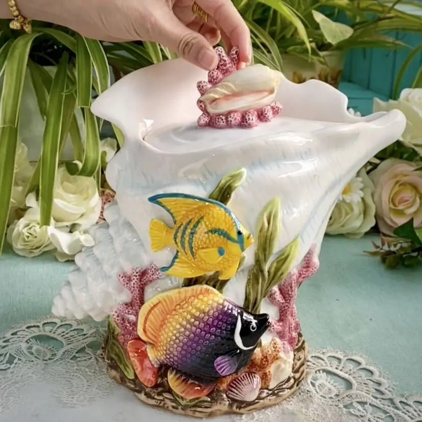 

Mediterranean Ceramic Tropical Fish Candy Storage Jar Home Decor Living Room Conch Vase Dried Fruit Jar Kitchen Food Container