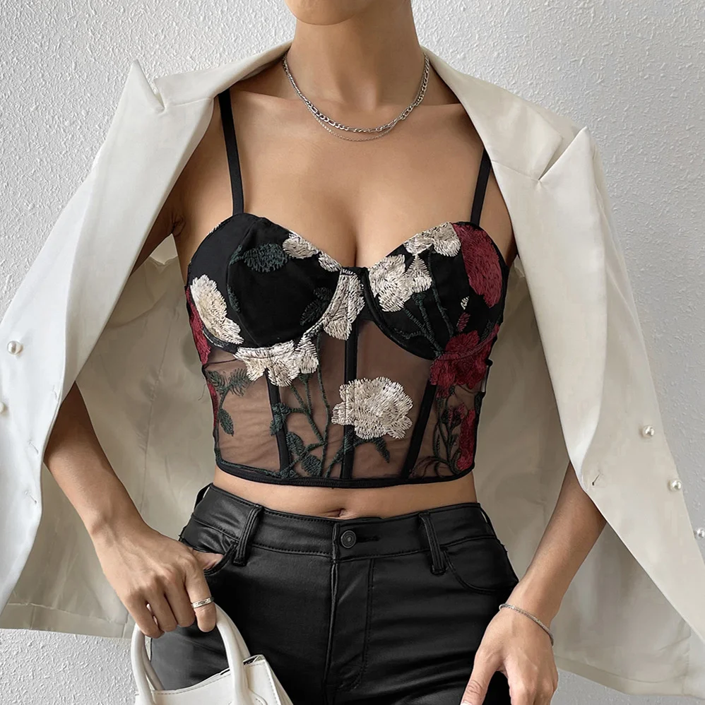 

Новинка, Лидер продаж, модный сетчатый женский укороченный топ с цветочной вышивкой, привлекательная майка со стальными кольцами в виде рыбьей кости, нижнее белье, утягивающее белье