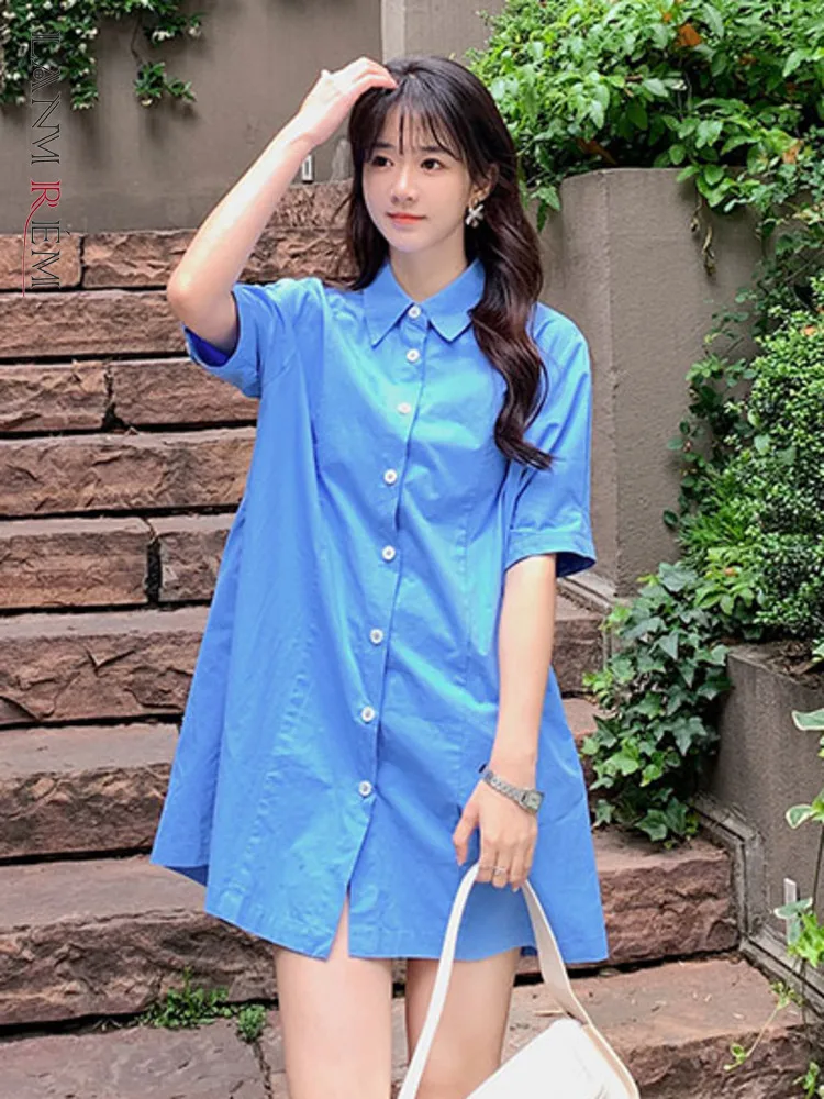 

LANMREM Korean Mini Dress For Women Lapel Single Breasted Short Sleeves Patchwork Casual Slim Elegant Female Clothing 2XZ170