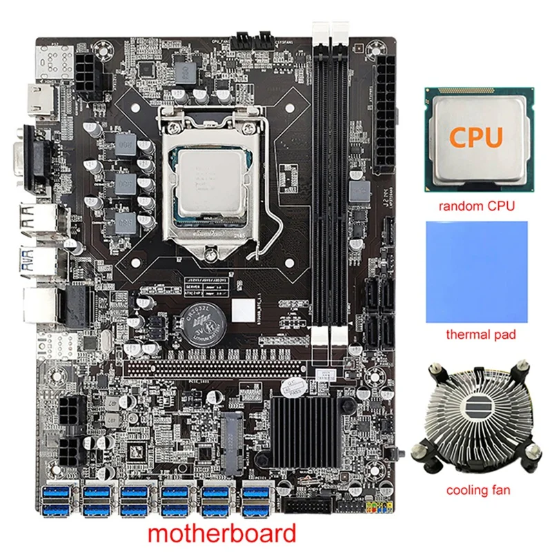 

B75 12 Card ETH/BTC Mining Motherboard+Random CPU+Cooling Fan+Thermal Pad 12 USB3.0(PCIE) Slot LGA1155 DDR3 RAM SATA3.0