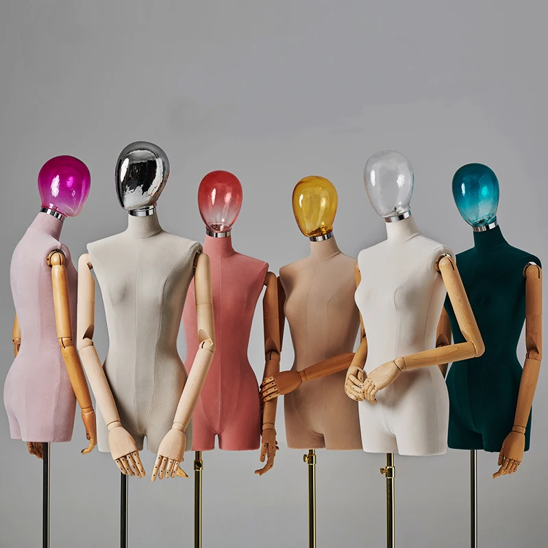 Fabric Cover Female Color Glass Head Half-Body Mannequin Metal Base for Wedding Window Clothing Display