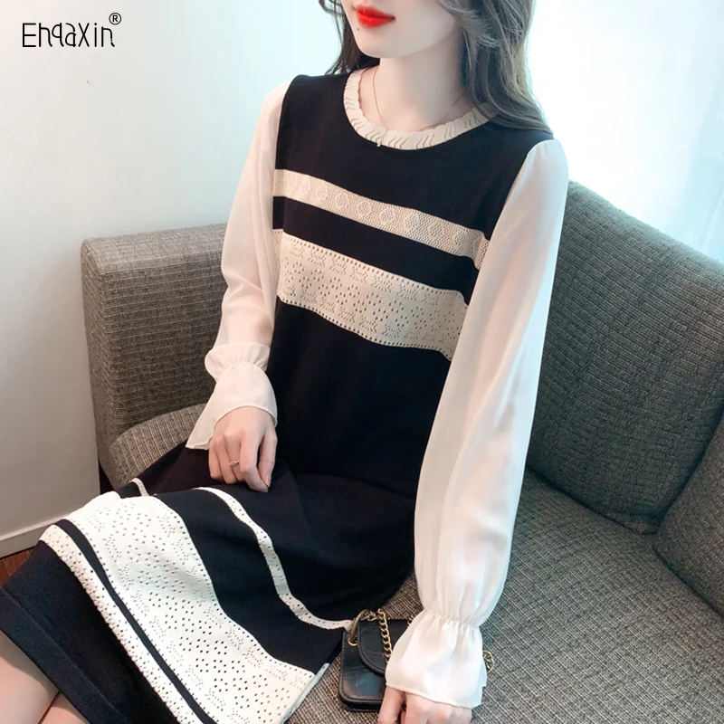 

EHQAXIN Womens Casual Knit Dress 2023 Autumn Winter Fashion French Hollow Out A-Line Round Neck Flare Sleeve Splice Dresses S-XL