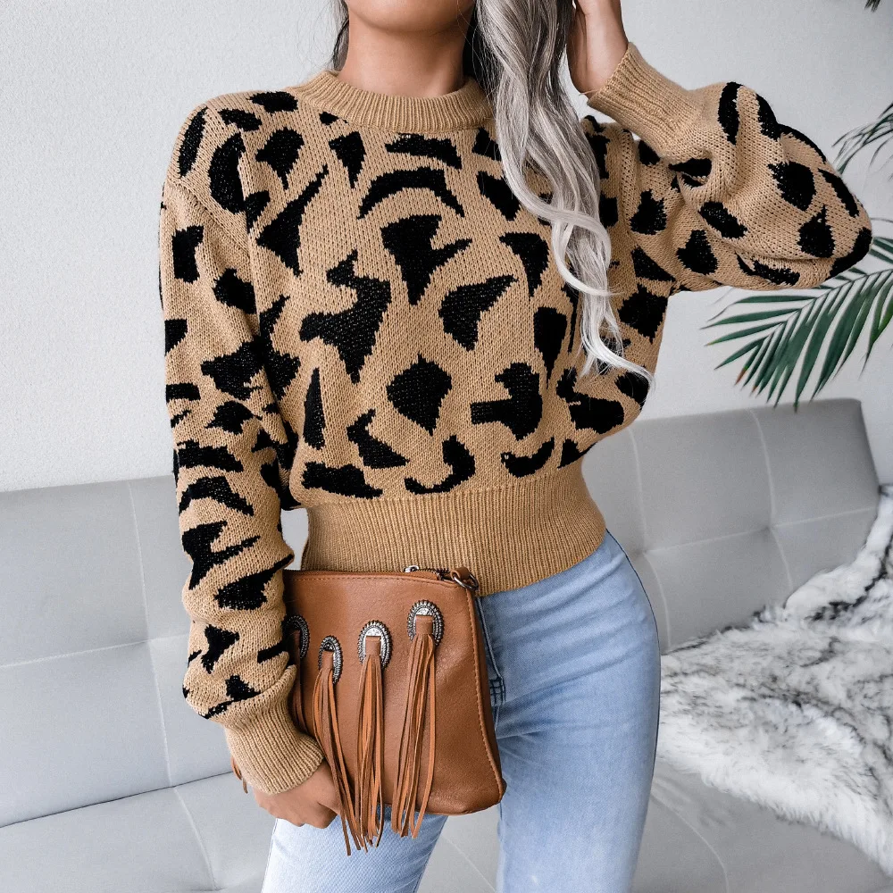 

Casual sweater,Autumn and winter leisure leopard waist closed knit navel sweater women's wear2023