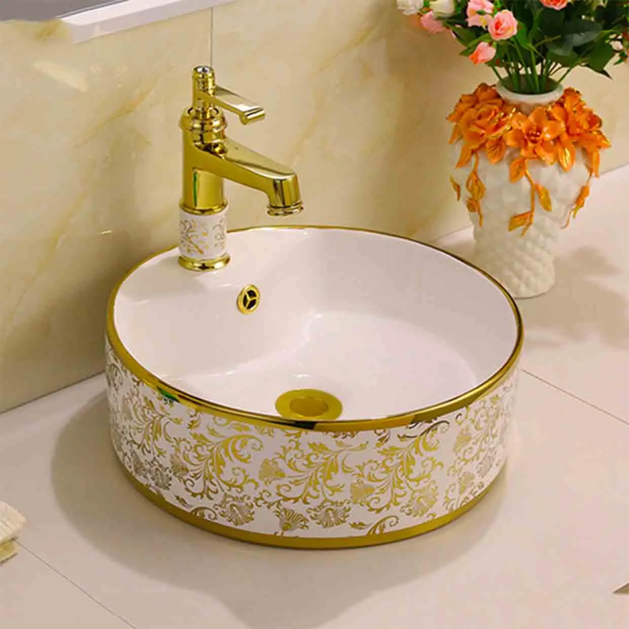 

Nordic Electroplating Ceramic Basin Bathroom Washbasin Golden Flower Round Basin Light Luxury Countertop Sinks With Faucet