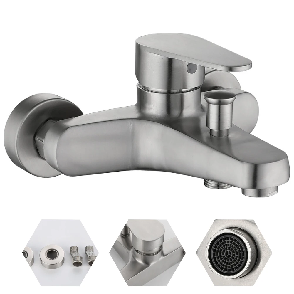 

SUS 304 Stainless Steel Double Holes Faucet Hot And Cold Mixed Wall Mounted Triple Sink Bathtub Single Handle Tub Tap Hardware