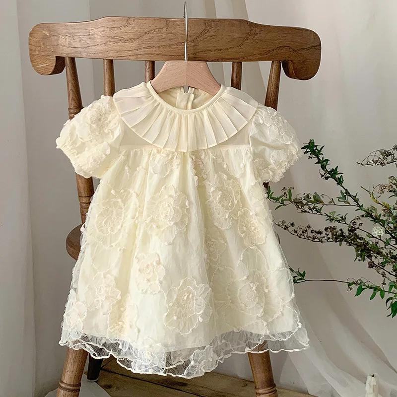 

Summer Baby Girls Princess Dress Short Sleeved Cotton Mesh Splicing Embroidery Kids Party Dresses Children Clothing