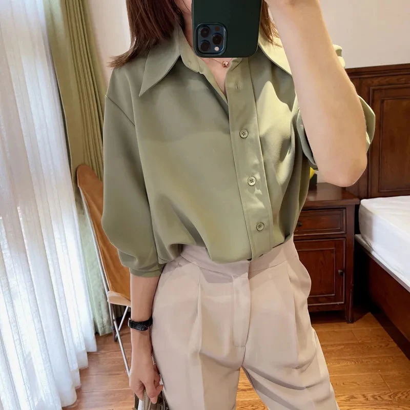 

Rimocy Solid Turn Down Collar Women Shirts 2022 Korean Single Breasted Long Sleeve Blouse Woman All-Match Office Blusa Mujer
