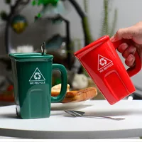Trash Can Shape Cups Ceramics Mugs with Spoon Coffee Mug Milk Tea Cup Drinkware couple Birthday Gift  Kitchen Bar Supplies