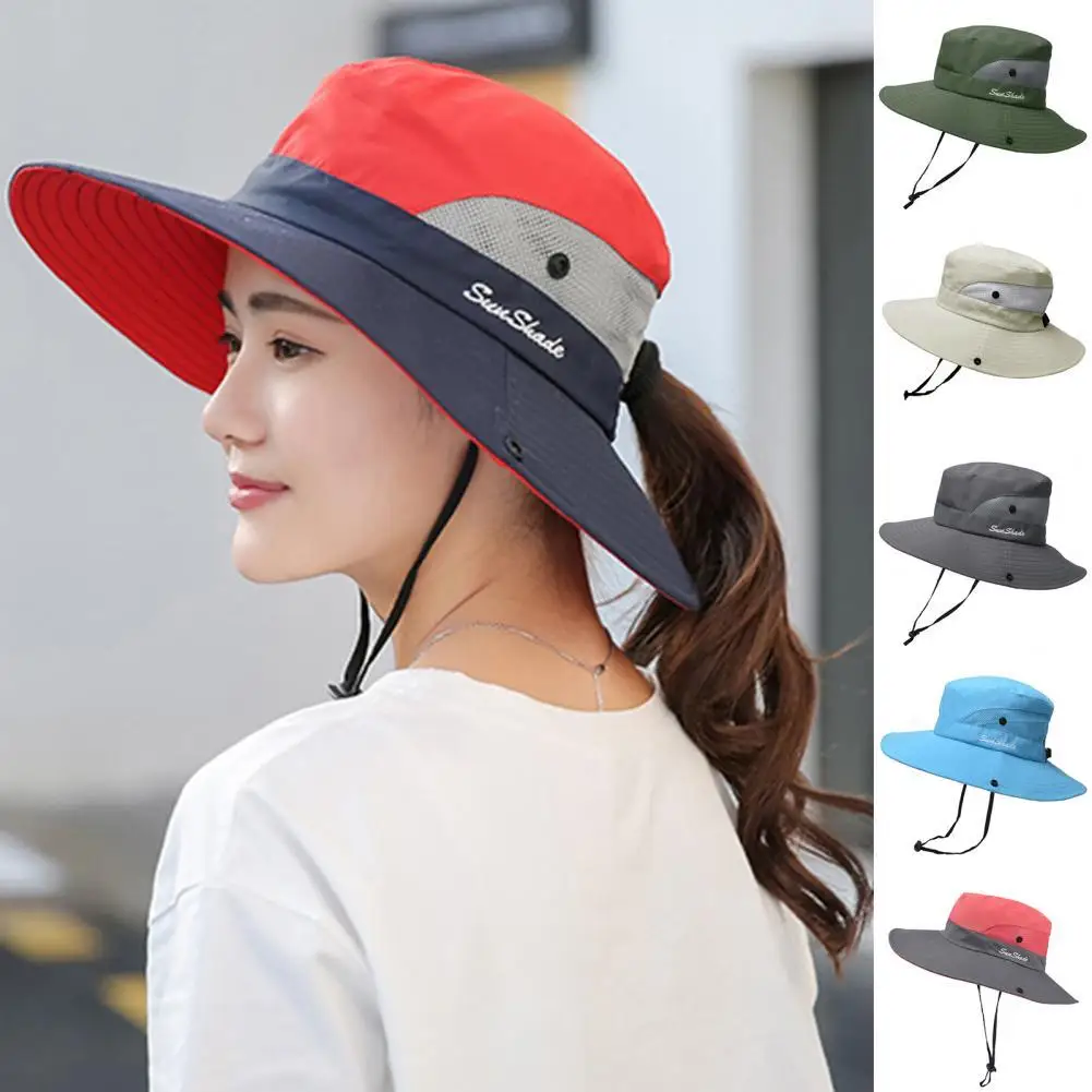 

Letters Headwear Fixed Rope UV Protection Ponytail Bucket Cap for Hiking