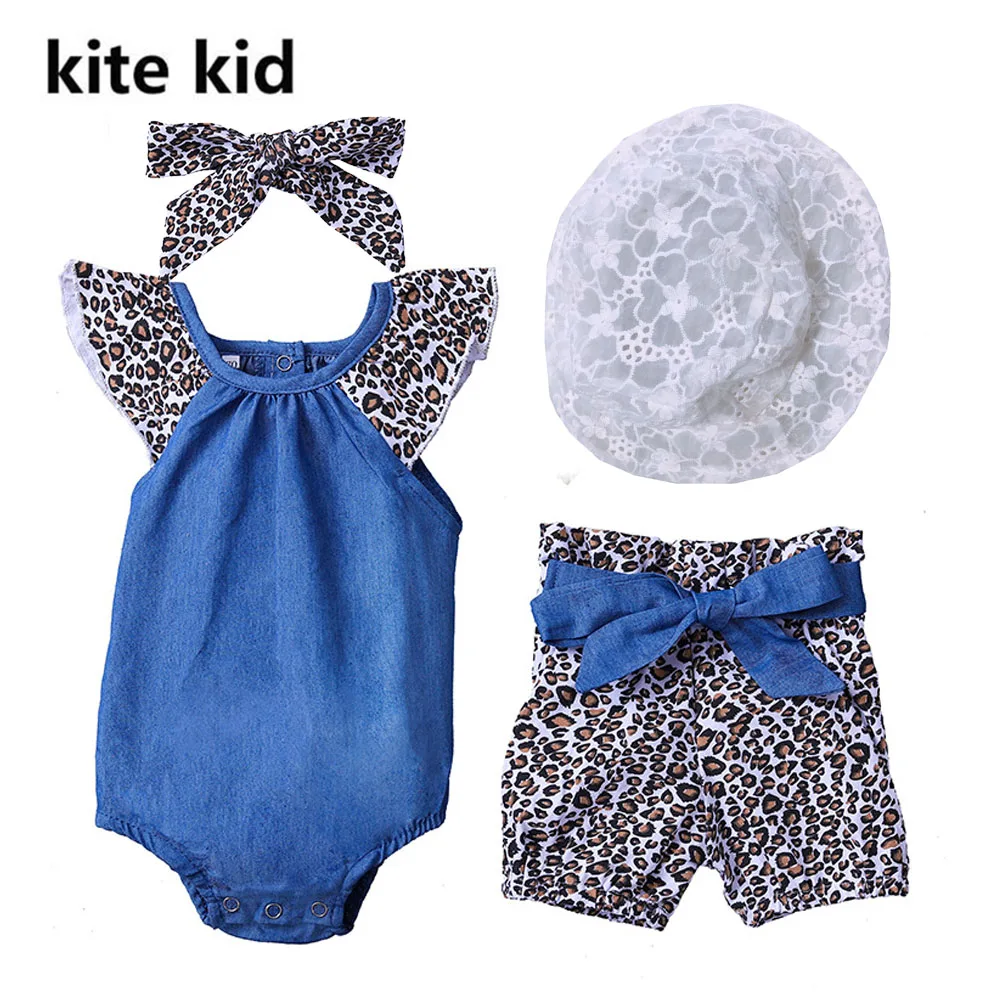 0-18M New Born Baby Girl Clothes Princess Denim Romper Bodysuits with Leopard Print Pants Lace Hat Summer Holiday Photograph