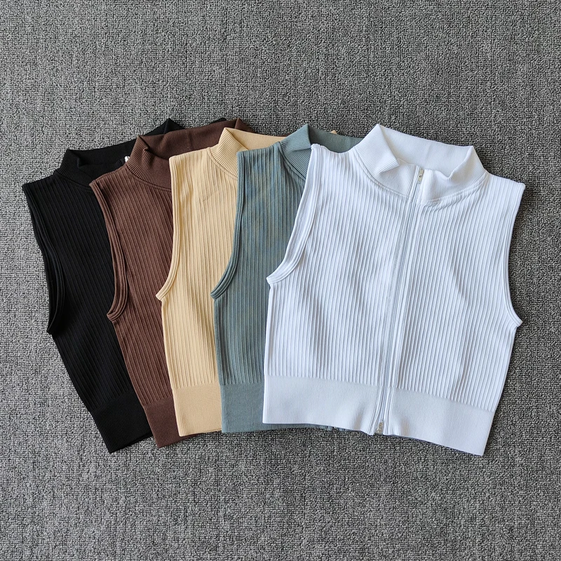 Seamless Women Athletic Zip Vest Running Yoga Tops High Neck Sleeveless Shirts Sports Top Fitness Women Workout Tops