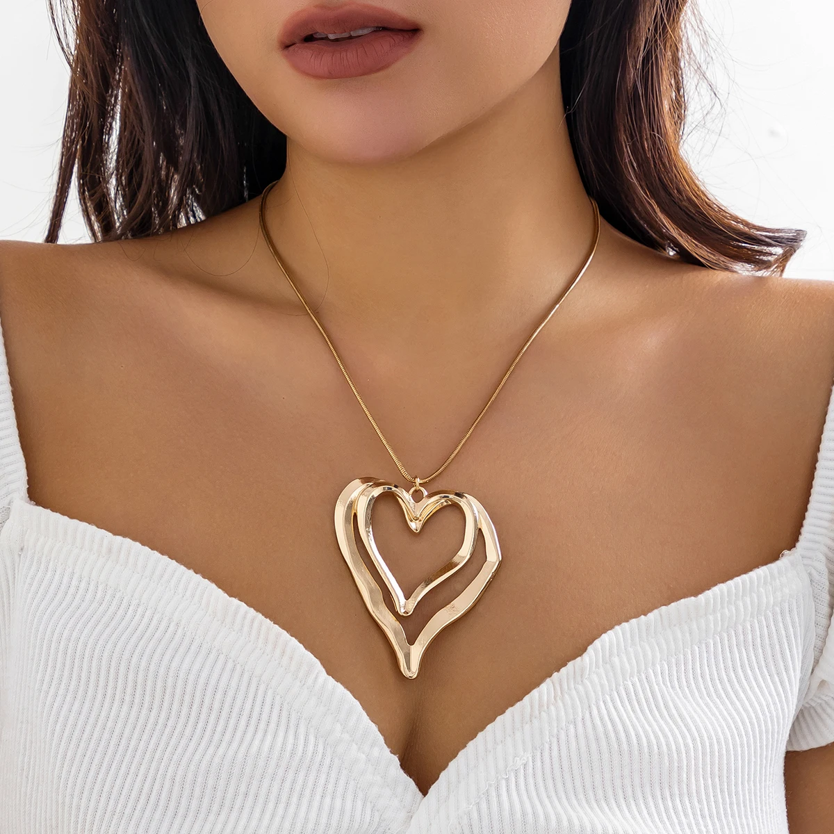 

Lacteo Trendy Double Layered Irregular Heart Pendant Necklace for Women Thin Snake Chain Chokers Girls Party Collar Jewelry Gift