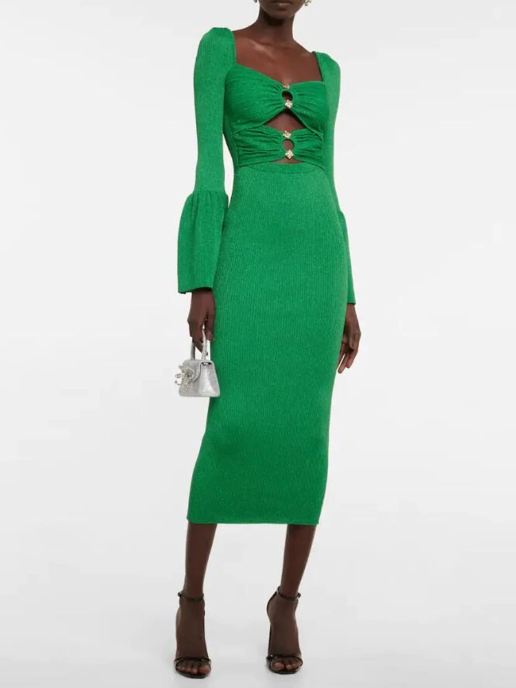 

BEVENCCEL Women's Long Sleeve Maxi Sexy Pleated Square Neck Hollow Diamond Button Bandage Evening Club Celebrity Party Dress