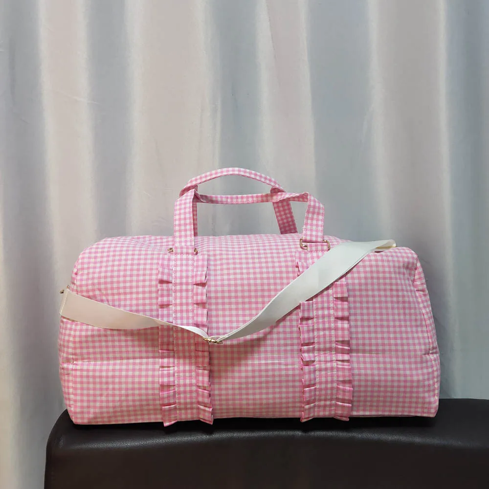 Women Pink/Purple Plaid Ruffle Duffle Seersucker Large Weekend Travel Bag Personalized Letter Patches For Travel Bag Domil103