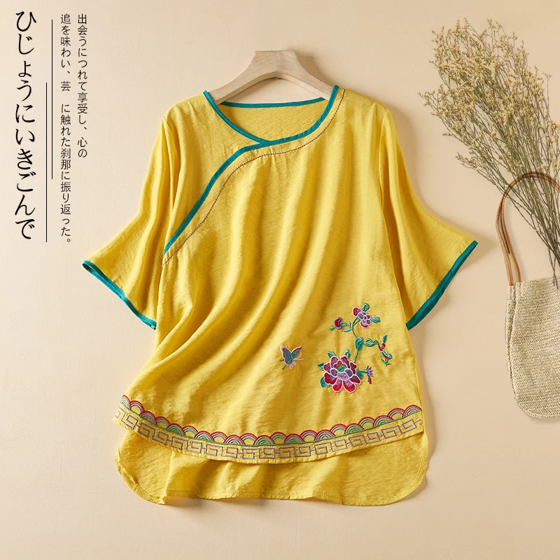 

Womens Embroidery Shirts Chinese Style Short Sleeved Top Casual Loose Slanted Breast Retro Tea Suit 2023 New Womans Clothing