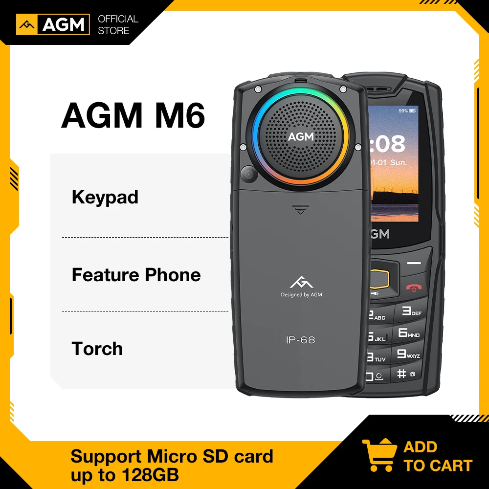 AGM M6 4G Unlocked Phone IP68 Push-Button Phones Keypad Phone 2500mAh Rugged Phone Dual SIM Feature Phone Celular For Senior