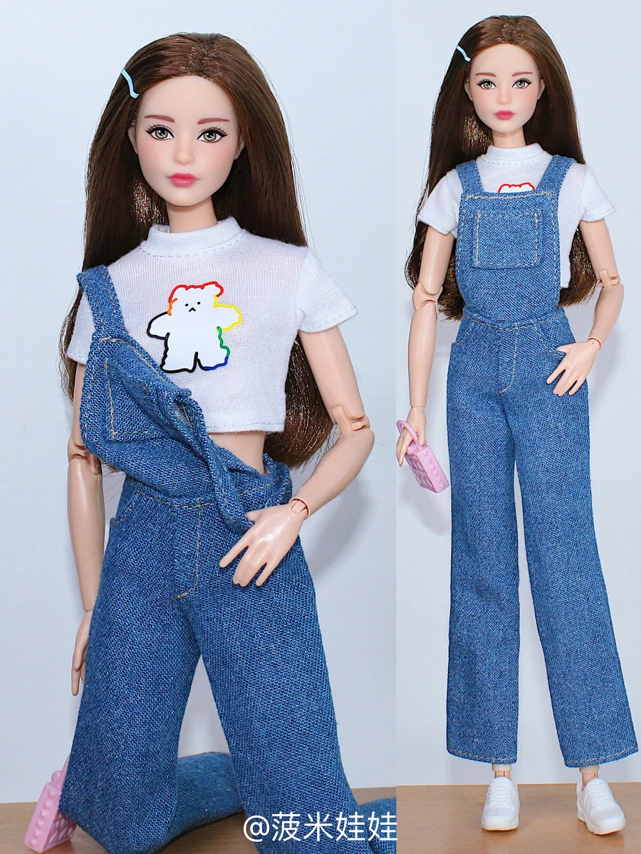 

clothing set / white t-shirt + Denim Suspenders pant / 30cm doll clothes suit outfit For 1/6 Xinyi FR ST Barbie Doll / girls toy