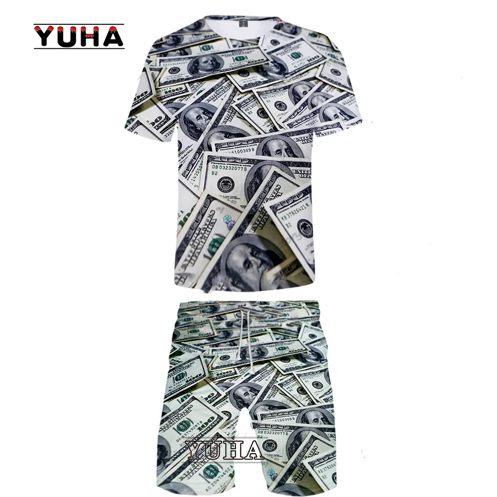 Men's Fashion Tracksuit Summer Dollars The United States 3D Print Casual Underwear Hip Hop Set Creative Man Two-piece Money Suit