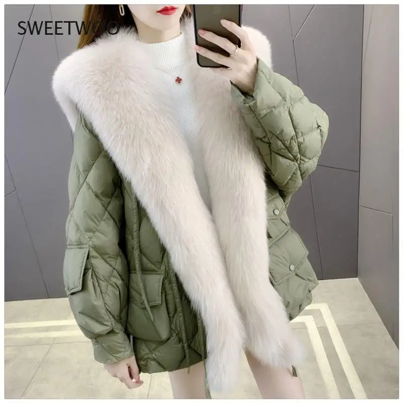 Women Winter Faux Fox Fur Warm Coats Vintage Leather Female Thick Jackets Casual Street Lady Collar Loose Removable Navy Collar