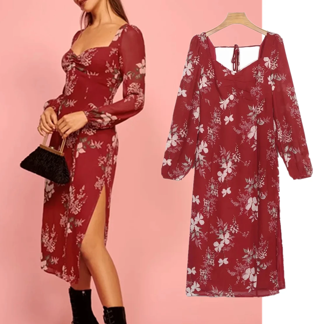 

Maxdutti French Style Indie Folk Vintage Red Floral PrintChiffon Square Collar Sheath Sexy Forking Sheath Party Midi Dress Women