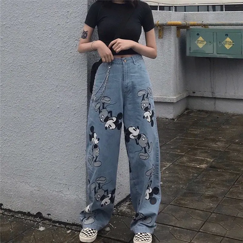 Disney Anime Jeans Woman Mickey Mouse Print Denim Trousers Oversize 2022 Spring Summer Fashion Streetwear Baggy High Waist Pants