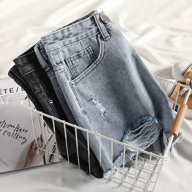 Spicy Girls' Perforated Denim Shorts Women's Clothing High Waist Summer Shorts Korean Loose A-line Large Size Hot Pants AC311