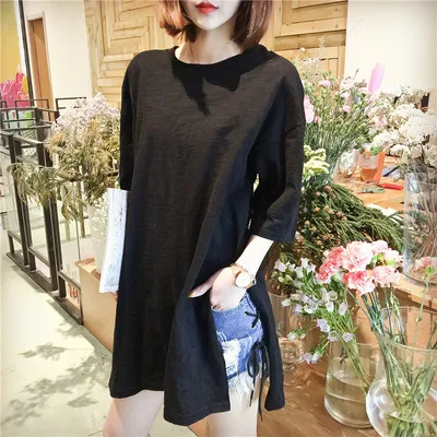 

ALadies Korean version of the hem split five-point sleeve loose slub cotton white t-shirt women's short-sleeved mid-length