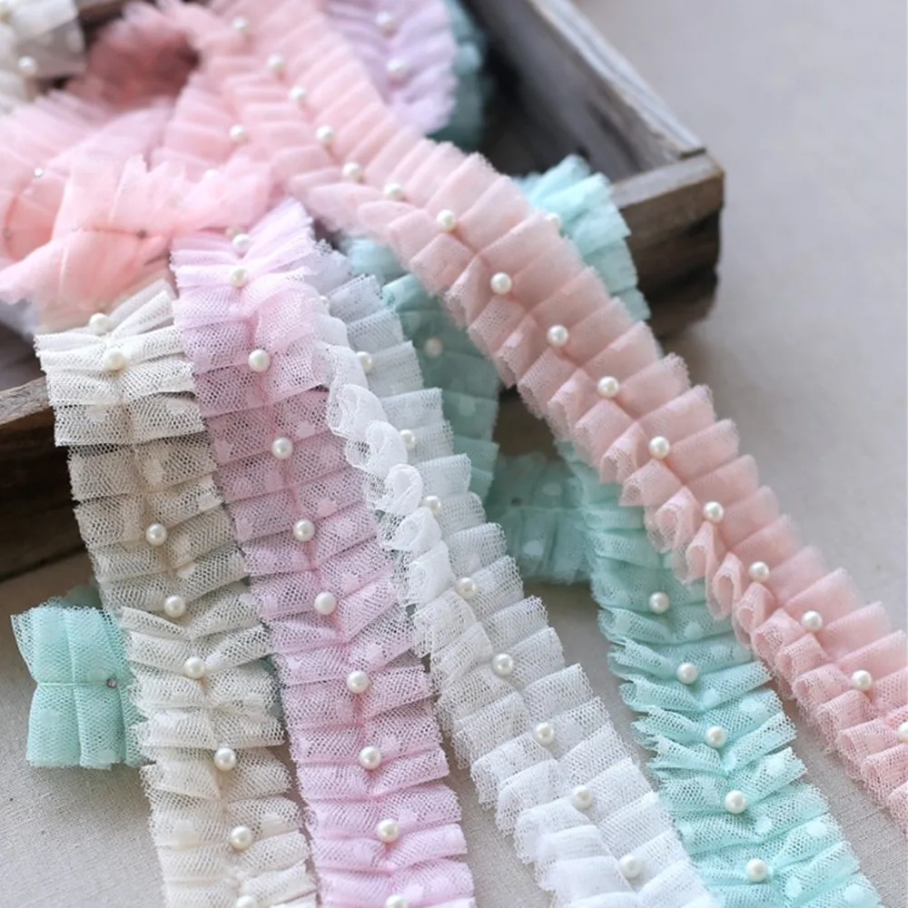 

1M Pleated Tulle Beaded Lace Fabric 4cm Trim Dot Lace Ribbon Sewing Guipure Supplies Blue Pink Green Wedding Dress dentelle LA39