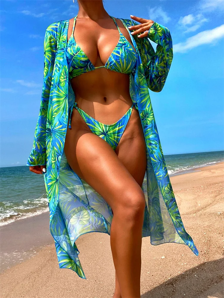 

Bikini Three Pieces Swimsuit Women Swimwear 2023 New Long Sleeve Cover Up Bikinis Set Bathing Suit Female Biquini Beach Sumnmer
