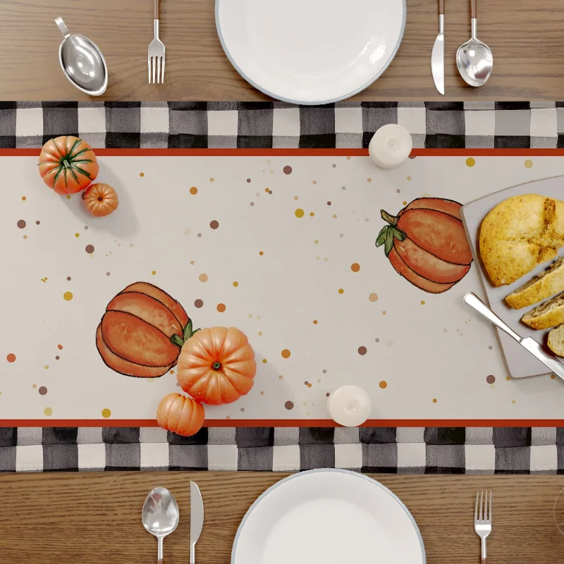 Осенняя льняная настольная дорожка в черно-белую клетку с тыквой украшение для
