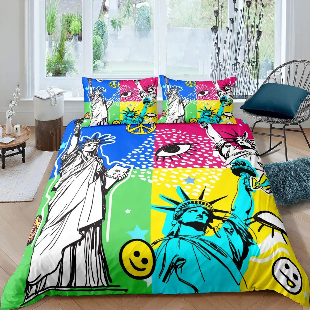 

Peace Sign Love Heart Bedding Set Hip Hop Full Size Statue of Liberty Duvet Cover American Eyes Colorful Polyester Quilt Cover