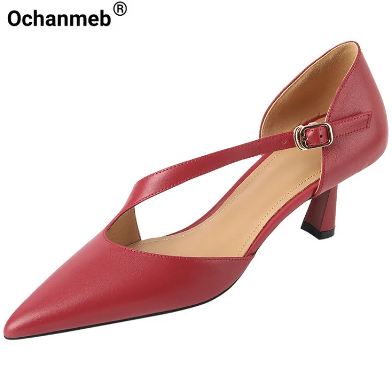 

Босоножки Ochanmeb из натуральной коровьей кожи для женщин, Красные босоножки на высоком каблуке с острым носком и пряжкой, женские дизайнерские босоножки телесного цвета, 2023